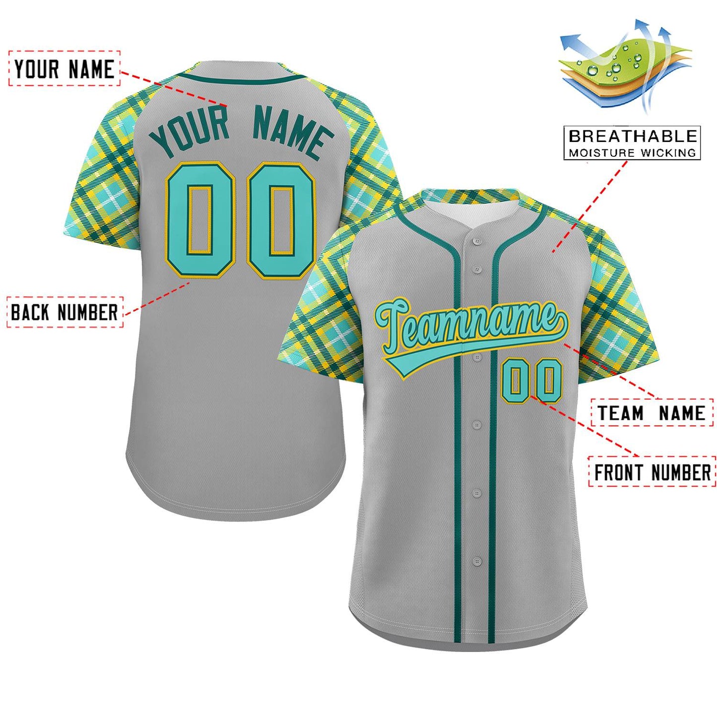 Custom Gray Green-Gold Personalized Raglan Sleeves Authentic Baseball Jersey Limited