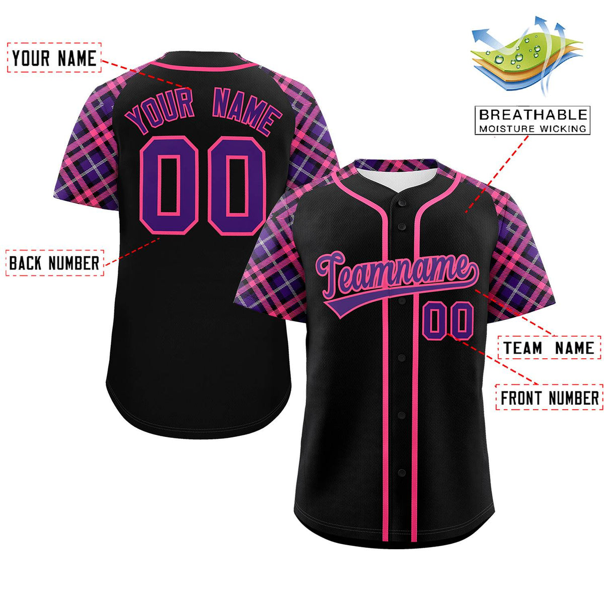 Custom Black Purple-Pink Personalized Raglan Sleeves Authentic Baseball Jersey Limited