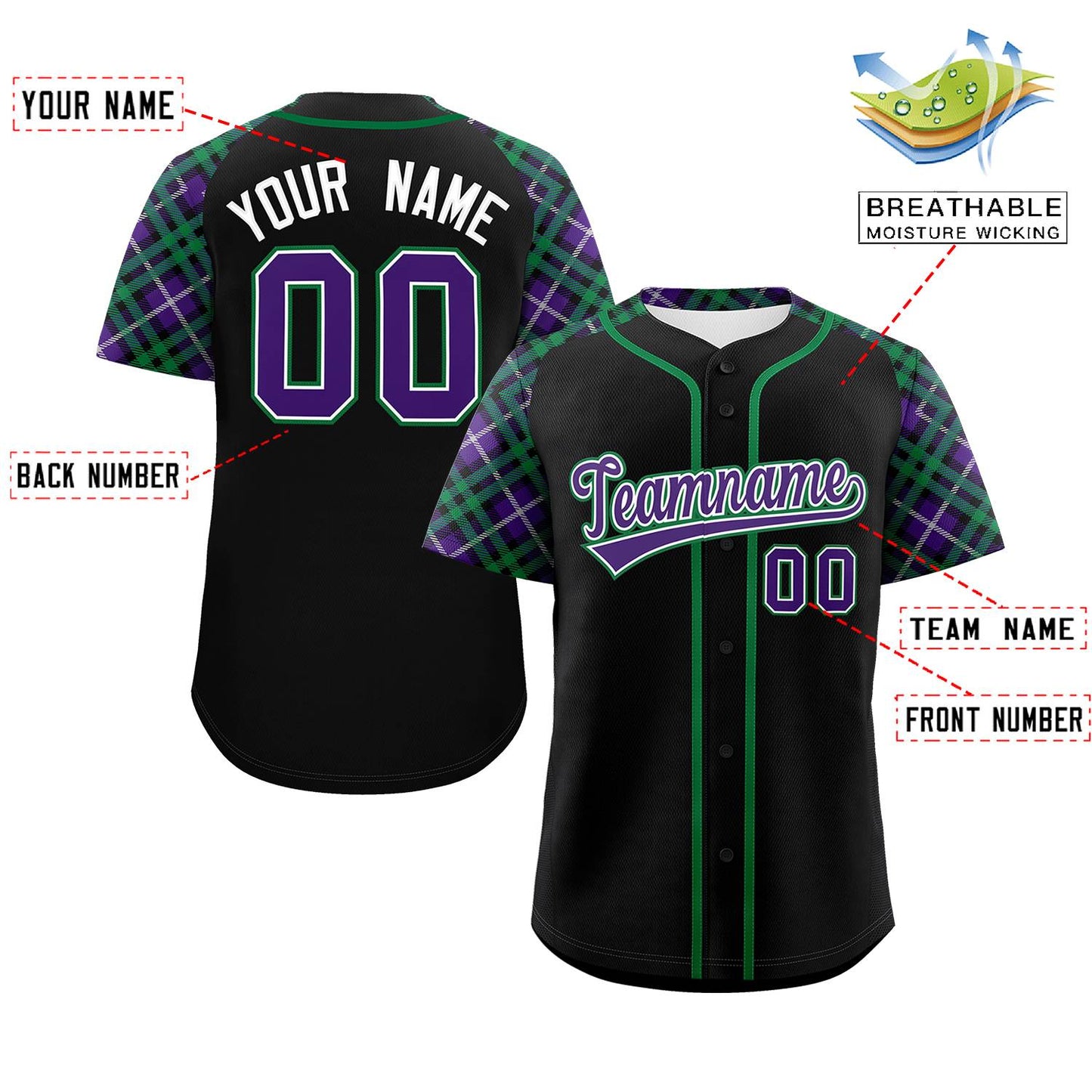Custom Black Purple-Teal Personalized Raglan Sleeves Authentic Baseball Jersey Limited