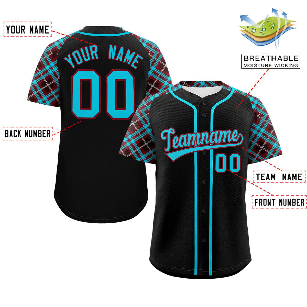 Custom Black Sky Blue-Crimson Personalized Raglan Sleeves Authentic Baseball Jersey Limited
