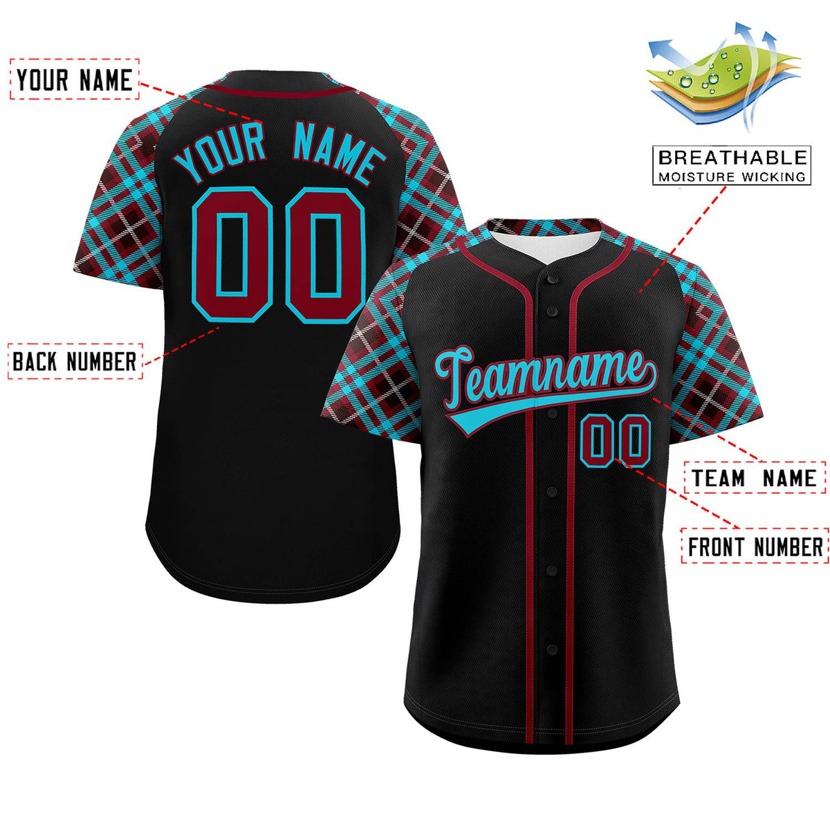 Custom Black Sky Blue-Crimson Personalized Raglan Sleeves Authentic Baseball Jersey Limited