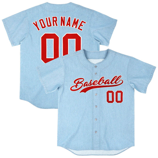 Custom Powder Blue Personalized Denim Baseball Jersey For Men Women Boy