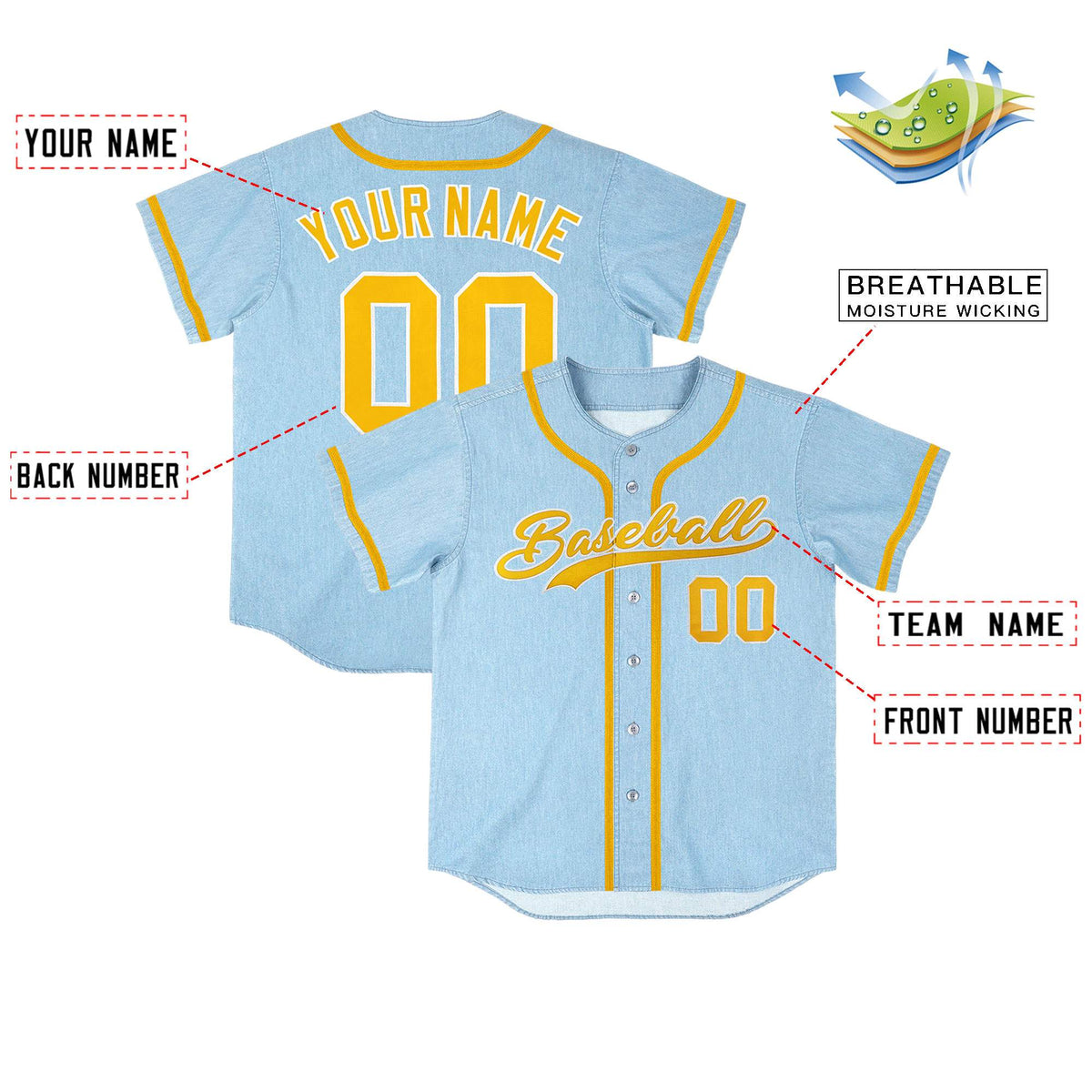 Custom Powder Blue Personalized Denim Baseball Jersey For Men Women Boy Limited