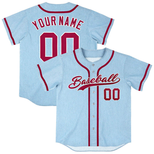 Custom Powder Blue Personalized Denim Baseball Jersey For Men Women Boy