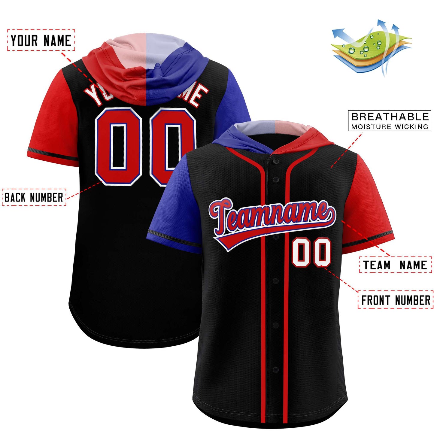 Custom Black Royal and Red Split Fashion Raglan Sleeves Authentic Baseball Hoodie Jersey Limited
