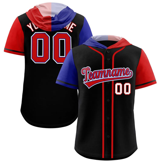 Custom Black Royal and Red Split Fashion Raglan Sleeves Authentic Baseball Hoodie Jersey