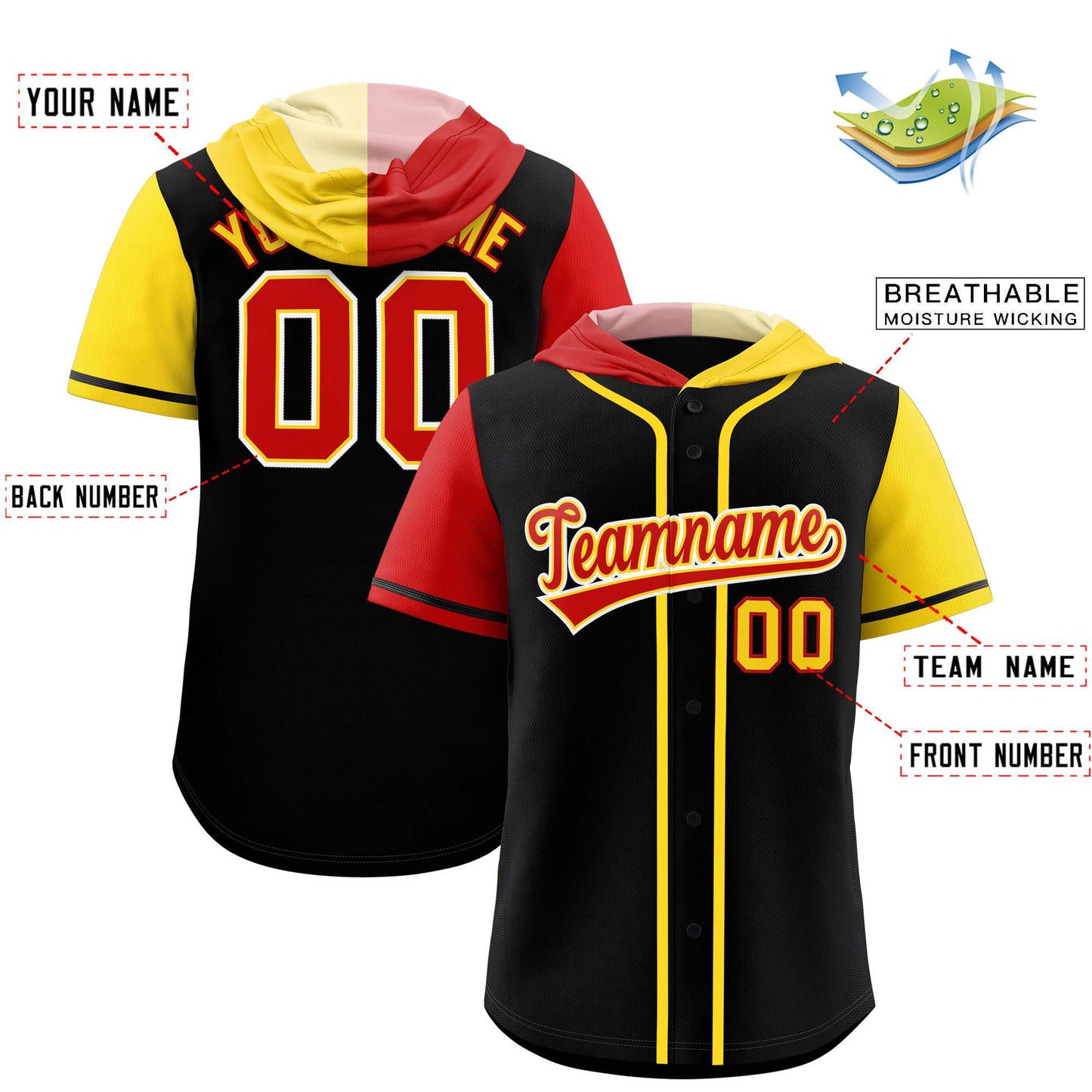 Custom Black Red and Gold Split Fashion Raglan Sleeves Authentic Baseball Hoodie Jersey Limited