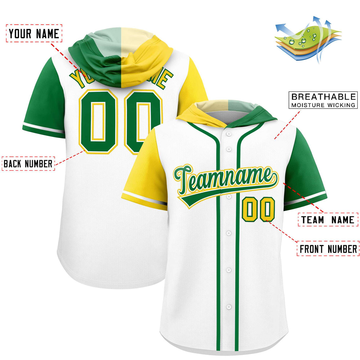 Custom White Gold and Kelly Green Split Fashion Raglan Sleeves Authentic Baseball Hoodie Jersey Limited