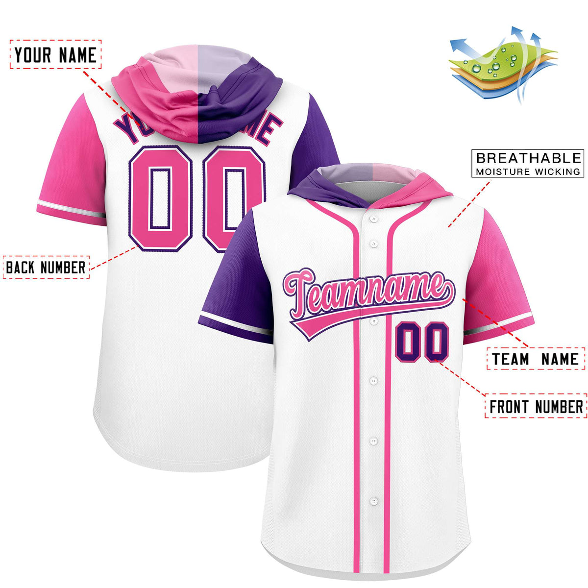 Custom White Purple and Pink Split Fashion Raglan Sleeves Authentic Baseball Hoodie Jersey Limited