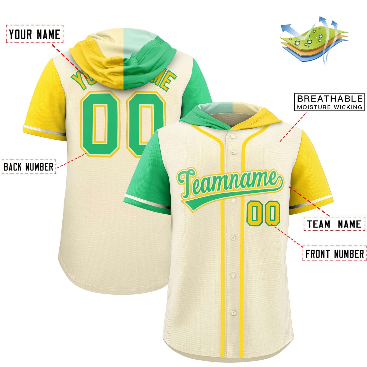 Custom Cream Bright Green and Gold Split Fashion Raglan Sleeves Authentic Baseball Hoodie Jersey Limited