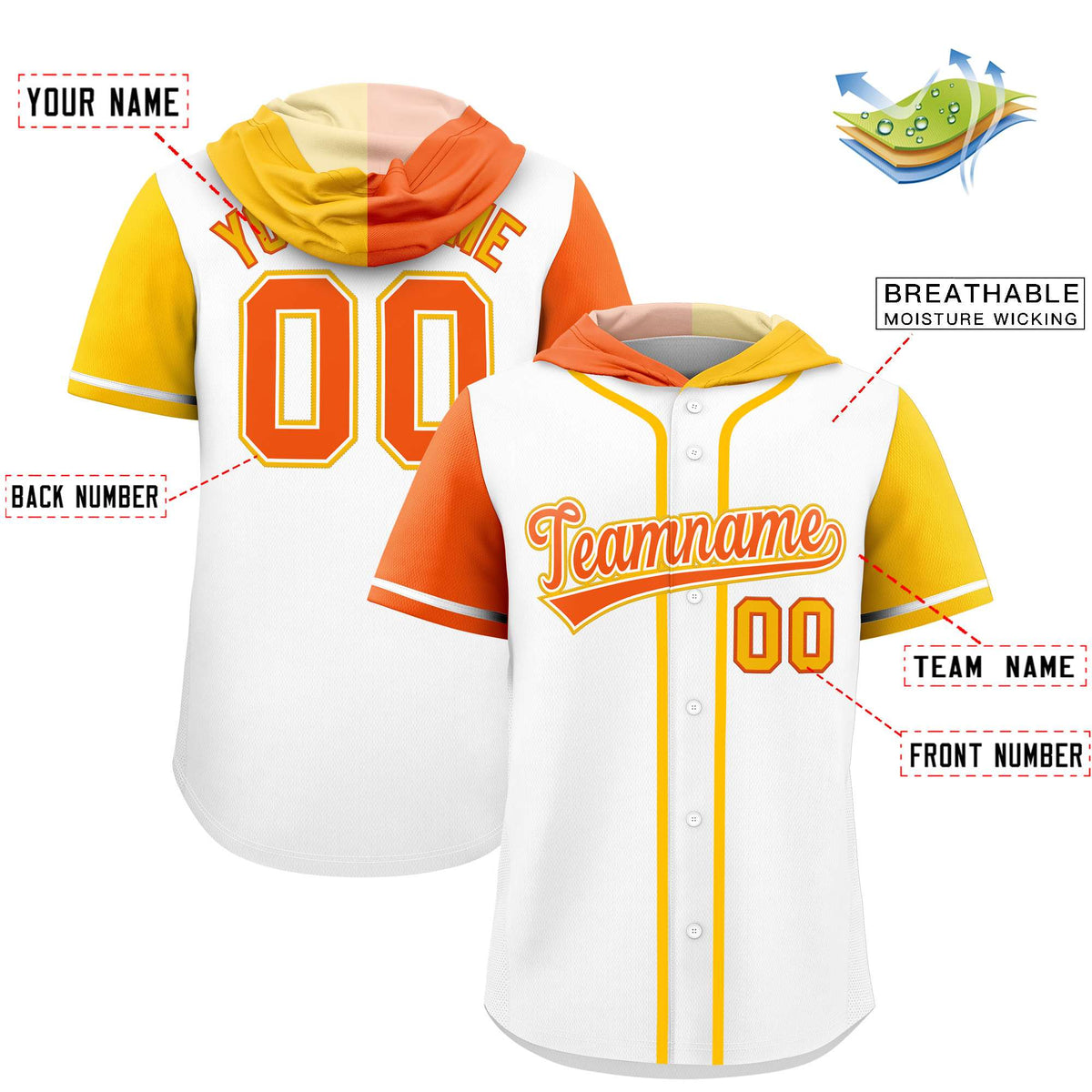 Custom White Orange and Gold Split Fashion Raglan Sleeves Authentic Baseball Hoodie Jersey Limited