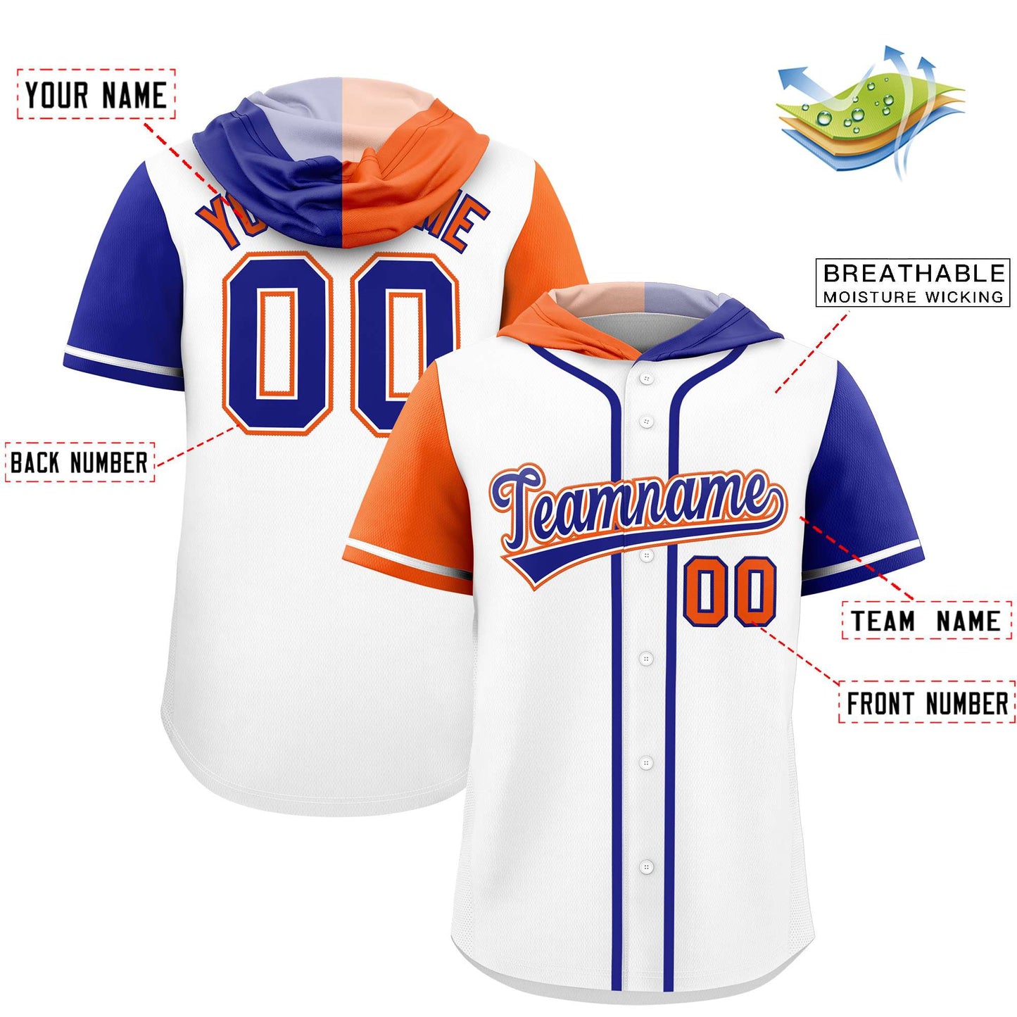 Custom White Orange and Royal Split Fashion Raglan Sleeves Authentic Baseball Hoodie Jersey Limited
