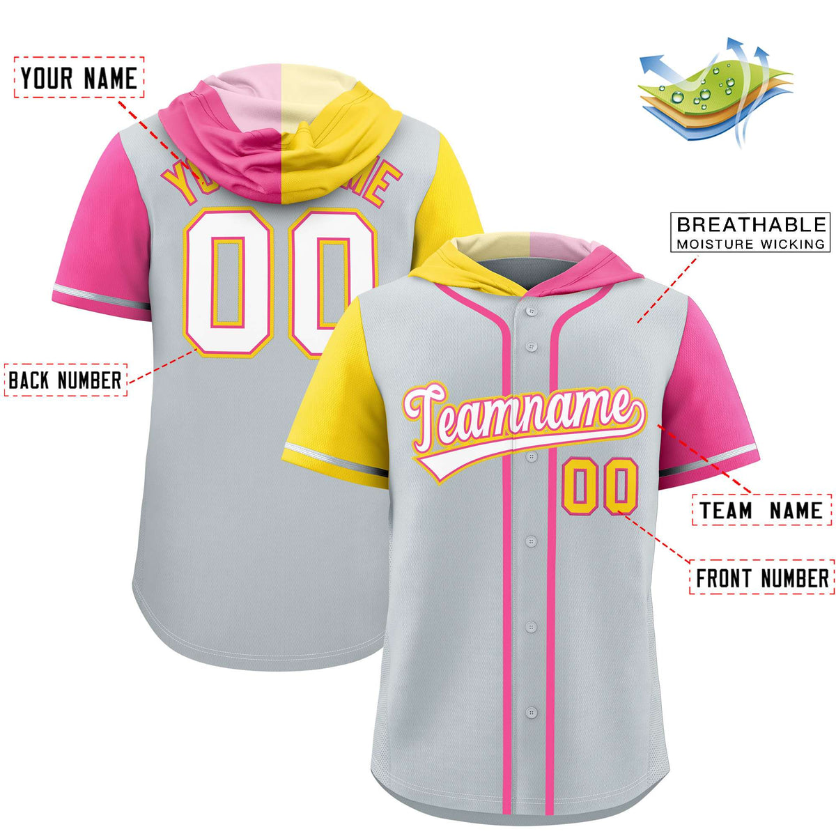 Custom Silver Gold and Pink Split Fashion Raglan Sleeves Authentic Baseball Hoodie Jersey Limited