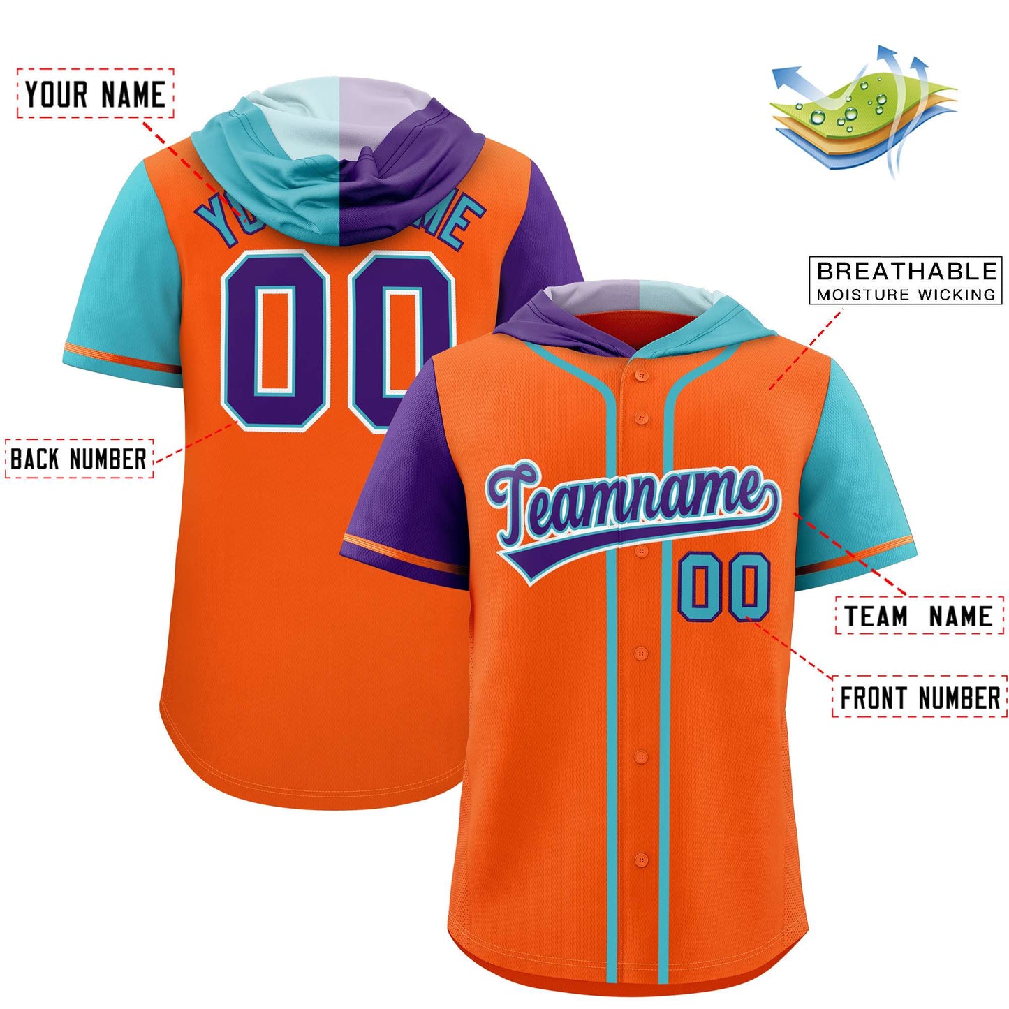 Custom Orange Purple and Sky Blue Split Fashion Raglan Sleeves Authentic Baseball Hoodie Jersey Limited