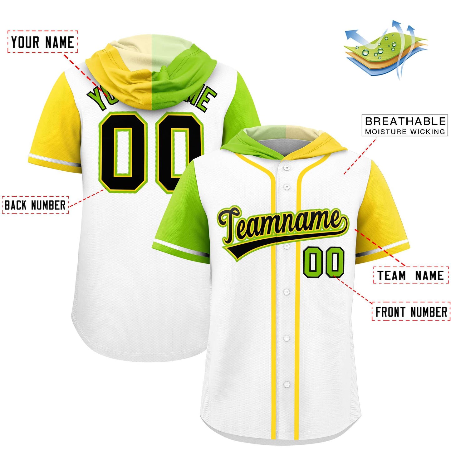 Custom White Neon Green and Gold Split Fashion Raglan Sleeves Authentic Baseball Hoodie Jersey Limited