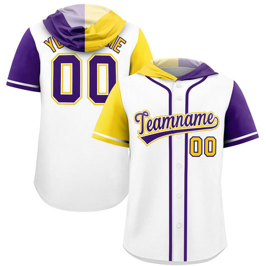 Custom White Gold and Purple Split Fashion Raglan Sleeves Authentic Baseball Hoodie Jersey