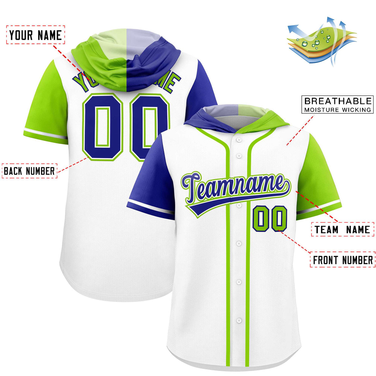 Custom White Royal and Neon Green Split Fashion Raglan Sleeves Authentic Baseball Hoodie Jersey Limited