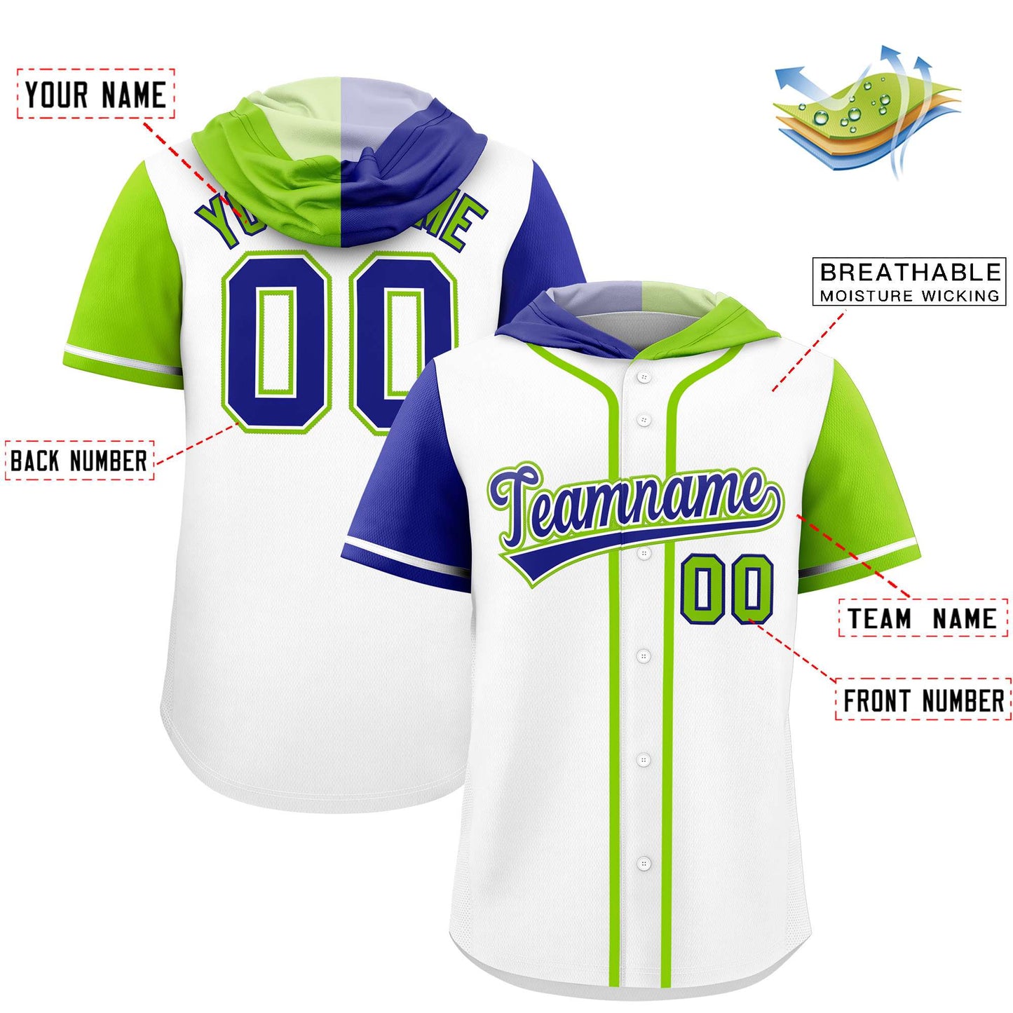 Custom White Royal and Neon Green Split Fashion Raglan Sleeves Authentic Baseball Hoodie Jersey Limited