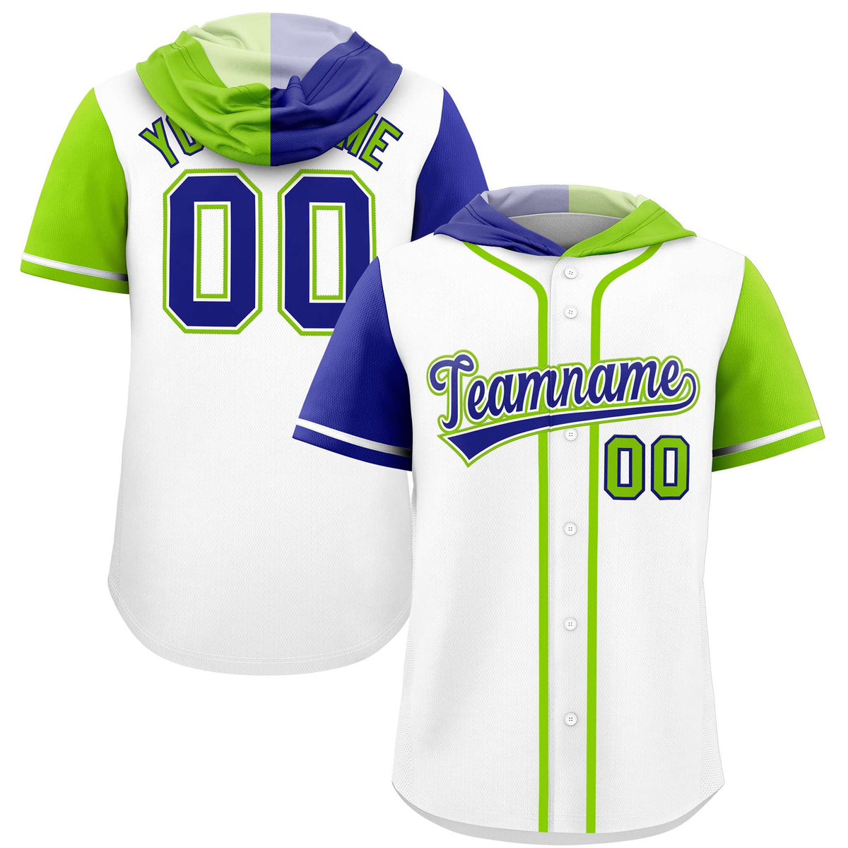 Custom White Royal and Neon Green Split Fashion Raglan Sleeves Authentic Baseball Hoodie Jersey