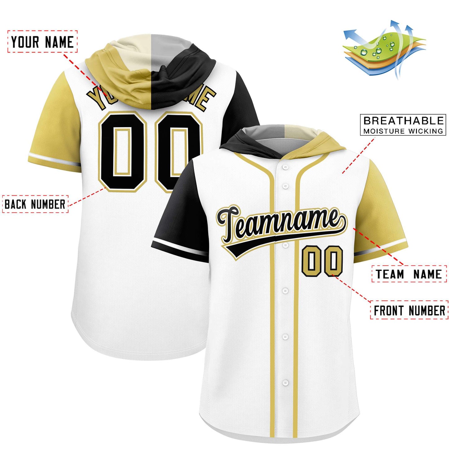 Custom White Black and Old Gold Split Fashion Raglan Sleeves Authentic Baseball Hoodie Jersey Limited