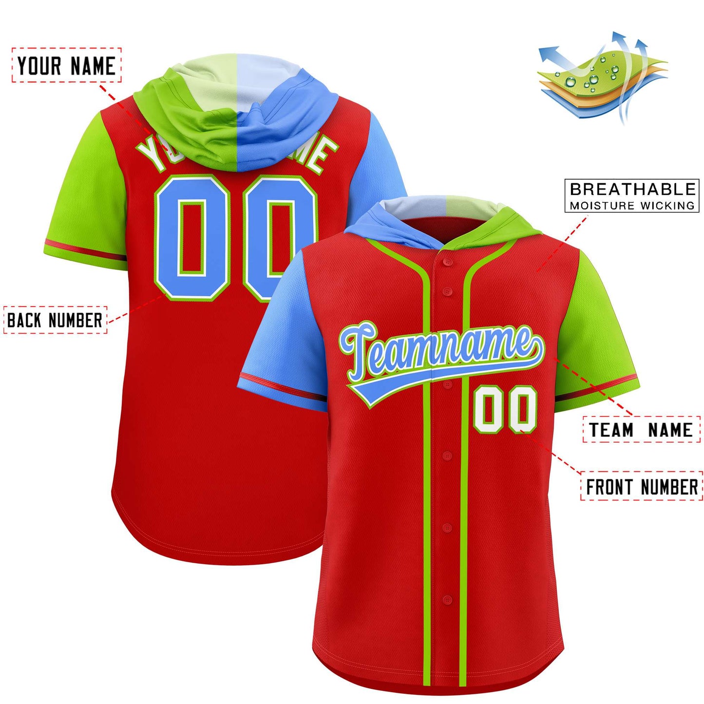 Custom Red Powder Blue and Neon Green Split Fashion Raglan Sleeves Authentic Baseball Hoodie Jersey Limited