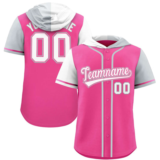 Custom Pink White and Silver Split Fashion Raglan Sleeves Authentic Baseball Hoodie Jersey