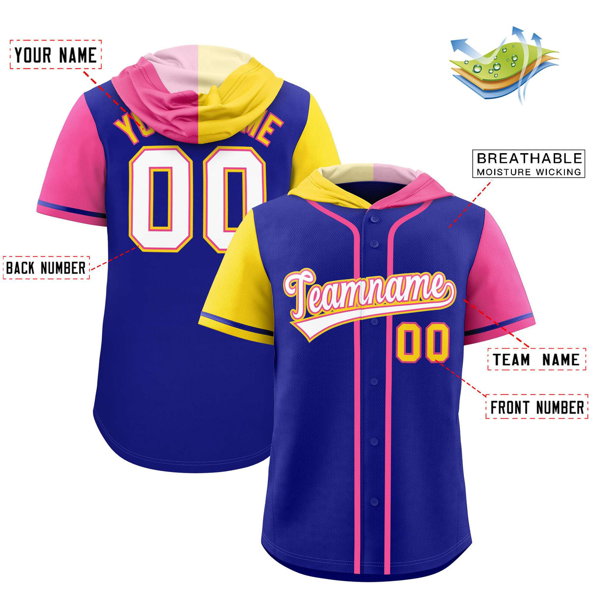 Custom Royal Gold and Pink Split Fashion Raglan Sleeves Authentic Baseball Hoodie Jersey Limited