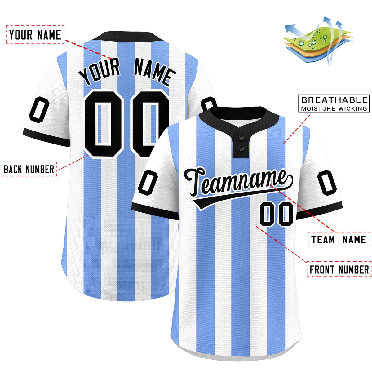 Custom White Light Blue Stripe Fashion Authentic Two-Button Softball Jersey Limited