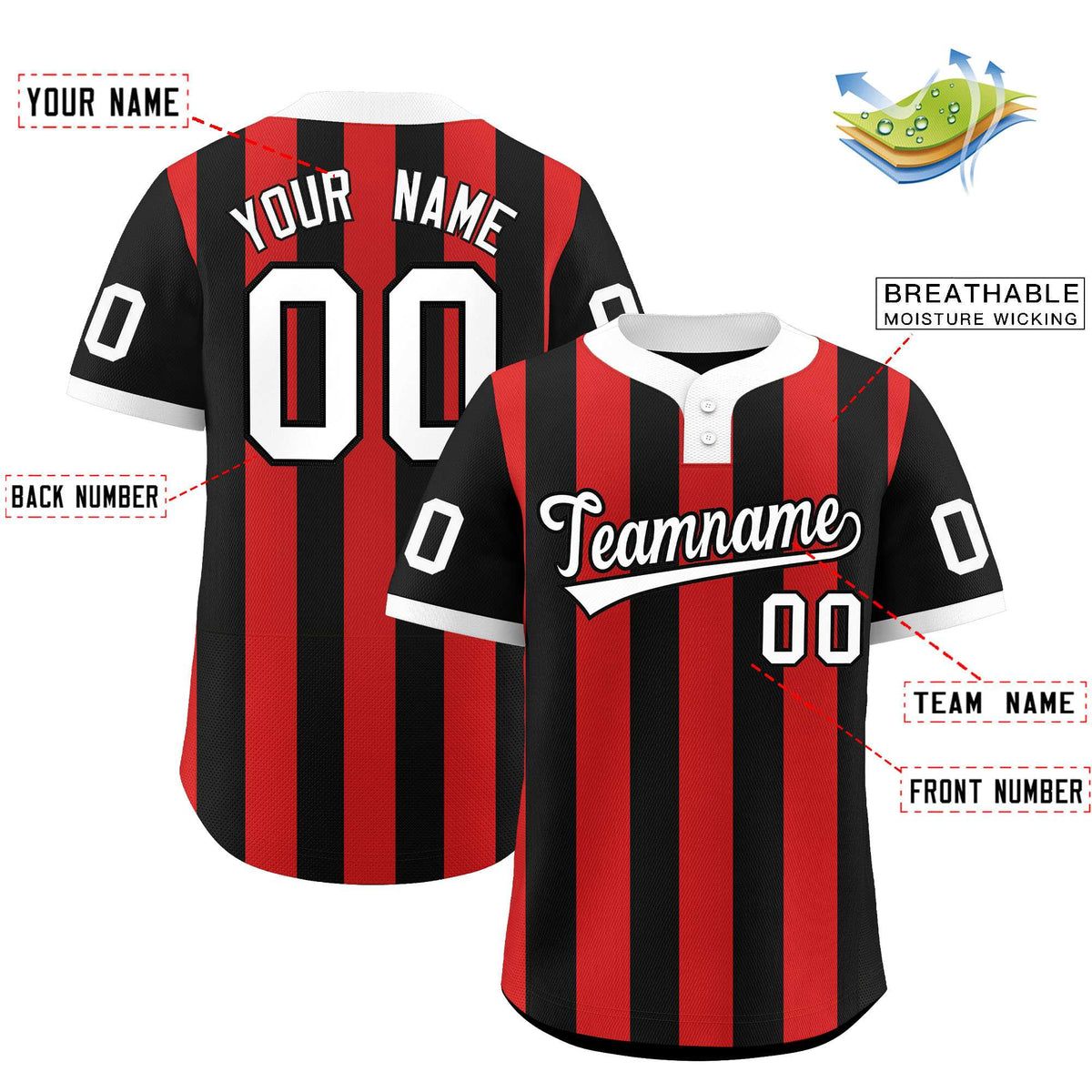 Custom Black Red Stripe Fashion Authentic Two-Button Softball Jersey Limited