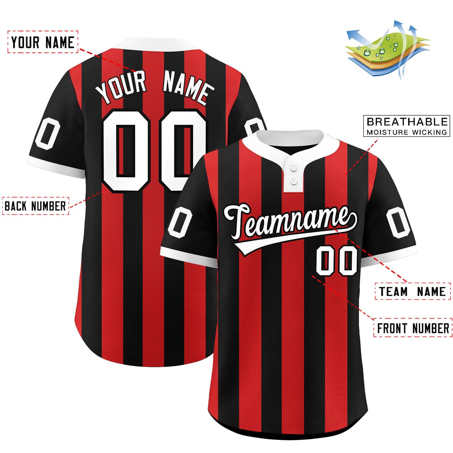 Custom Black Red Stripe Fashion Authentic Two-Button Softball Jersey Limited