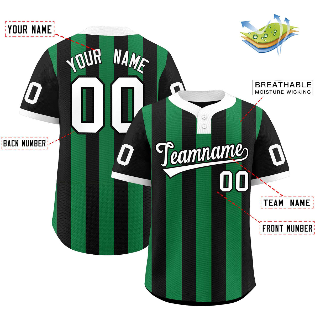 Custom Black Kelly Green Stripe Fashion Authentic Two-Button Softball Jersey Limited