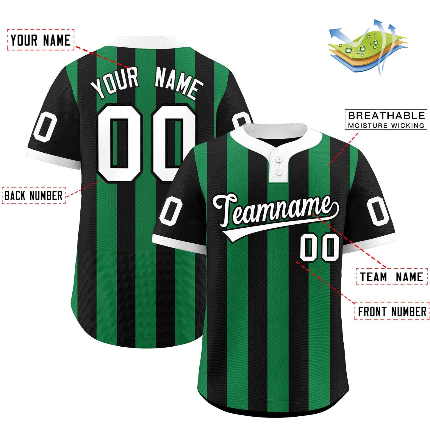 Custom Black Kelly Green Stripe Fashion Authentic Two-Button Softball Jersey Limited