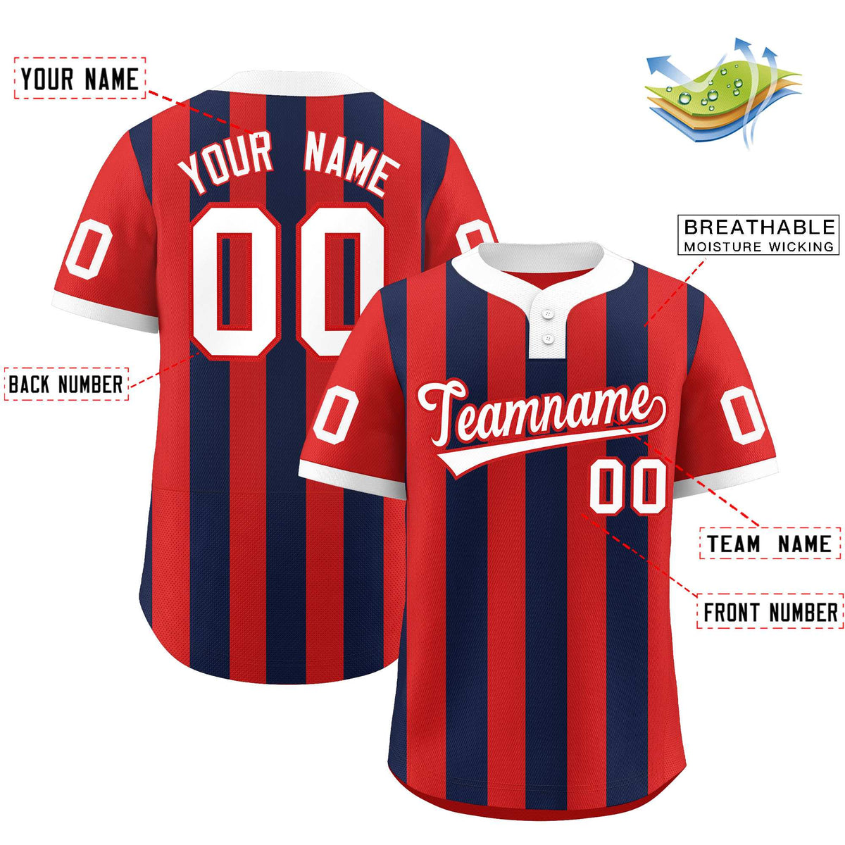 Custom Red Navy Stripe Fashion Authentic Two-Button Softball Jersey Limited