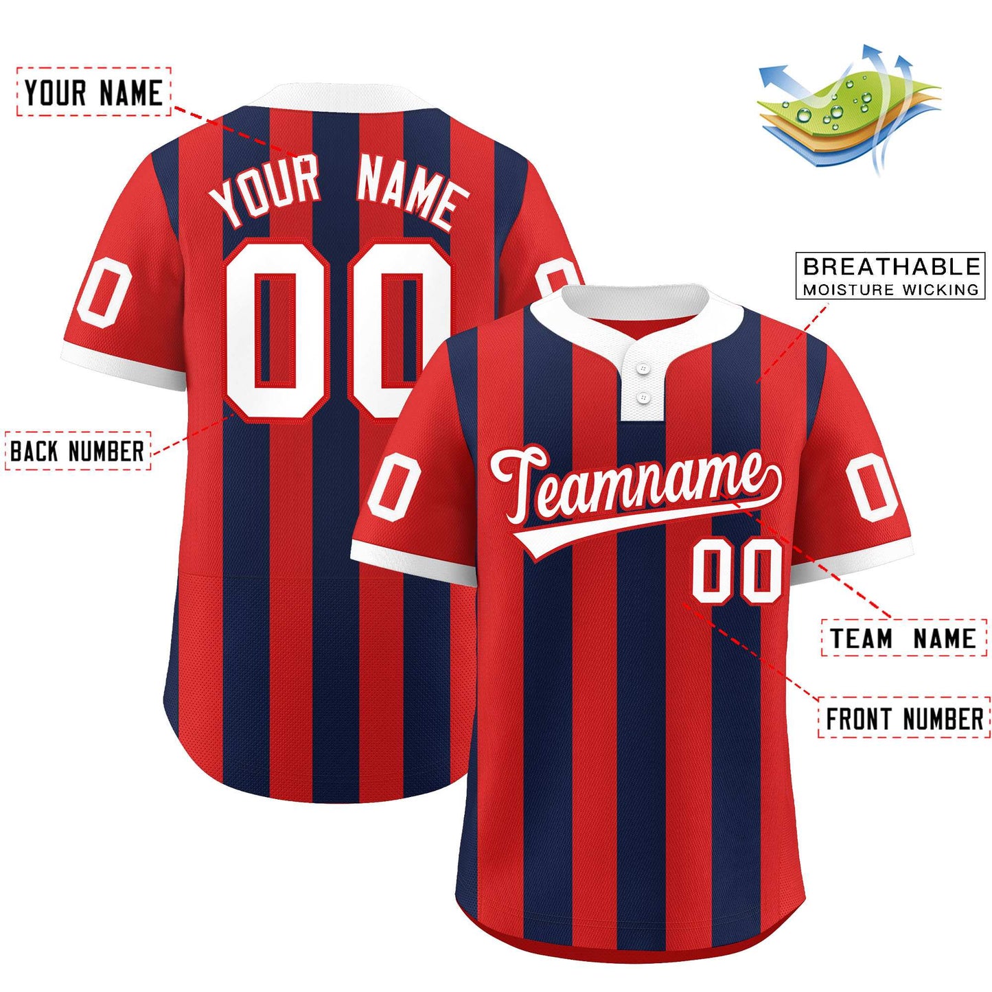 Custom Red Navy Stripe Fashion Authentic Two-Button Softball Jersey Limited