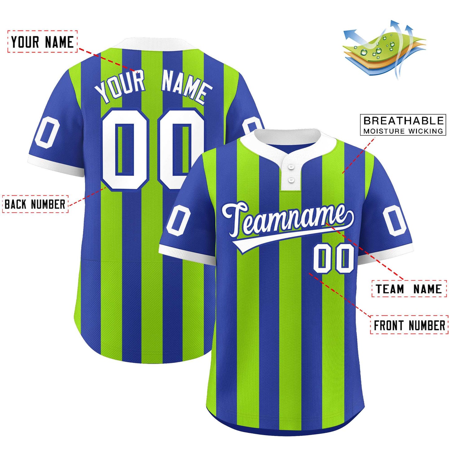 Custom Royal Neon Green Stripe Fashion Authentic Two-Button Softball Jersey Limited