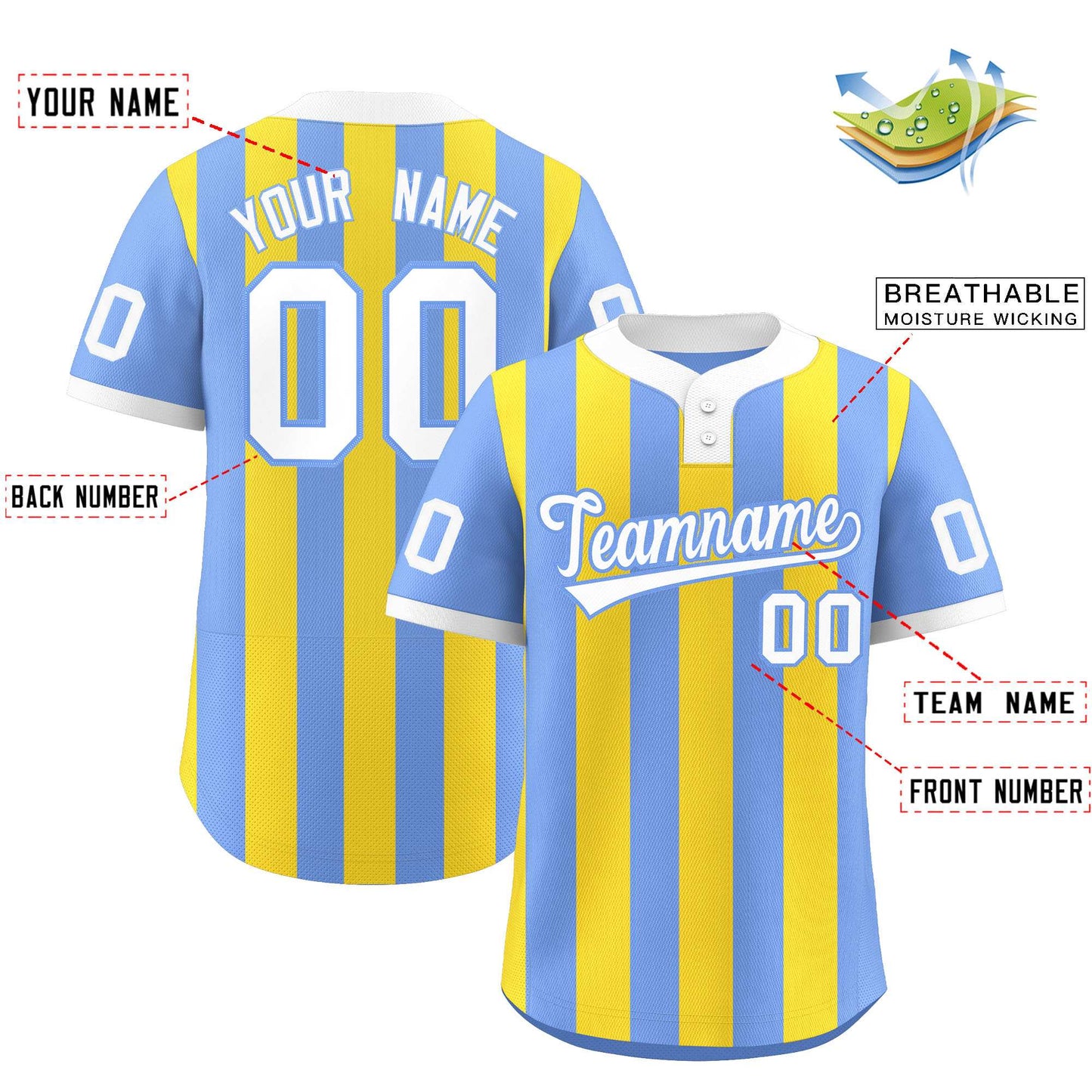 Custom Light Blue Gold Stripe Fashion Authentic Two-Button Softball Jersey Limited