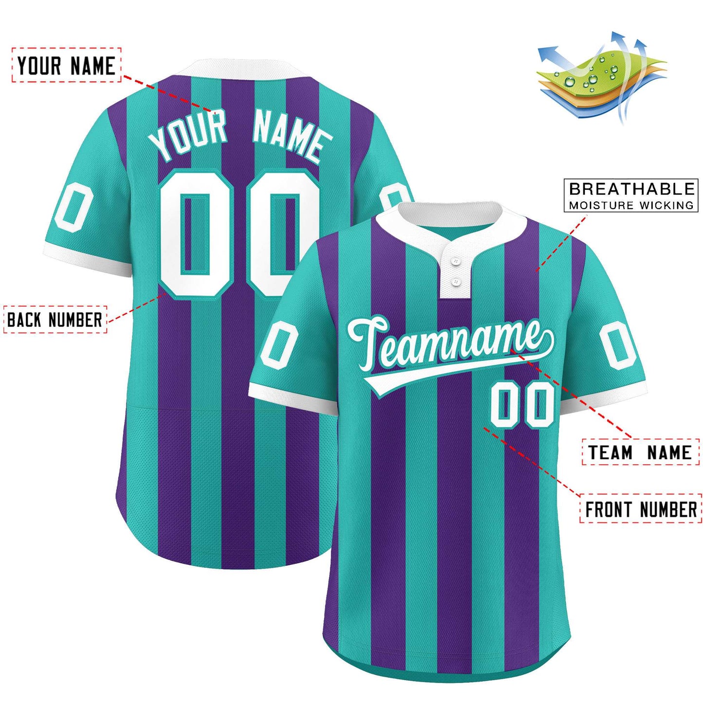 Custom Aqua Purple Stripe Fashion Authentic Two-Button Softball Jersey Limited