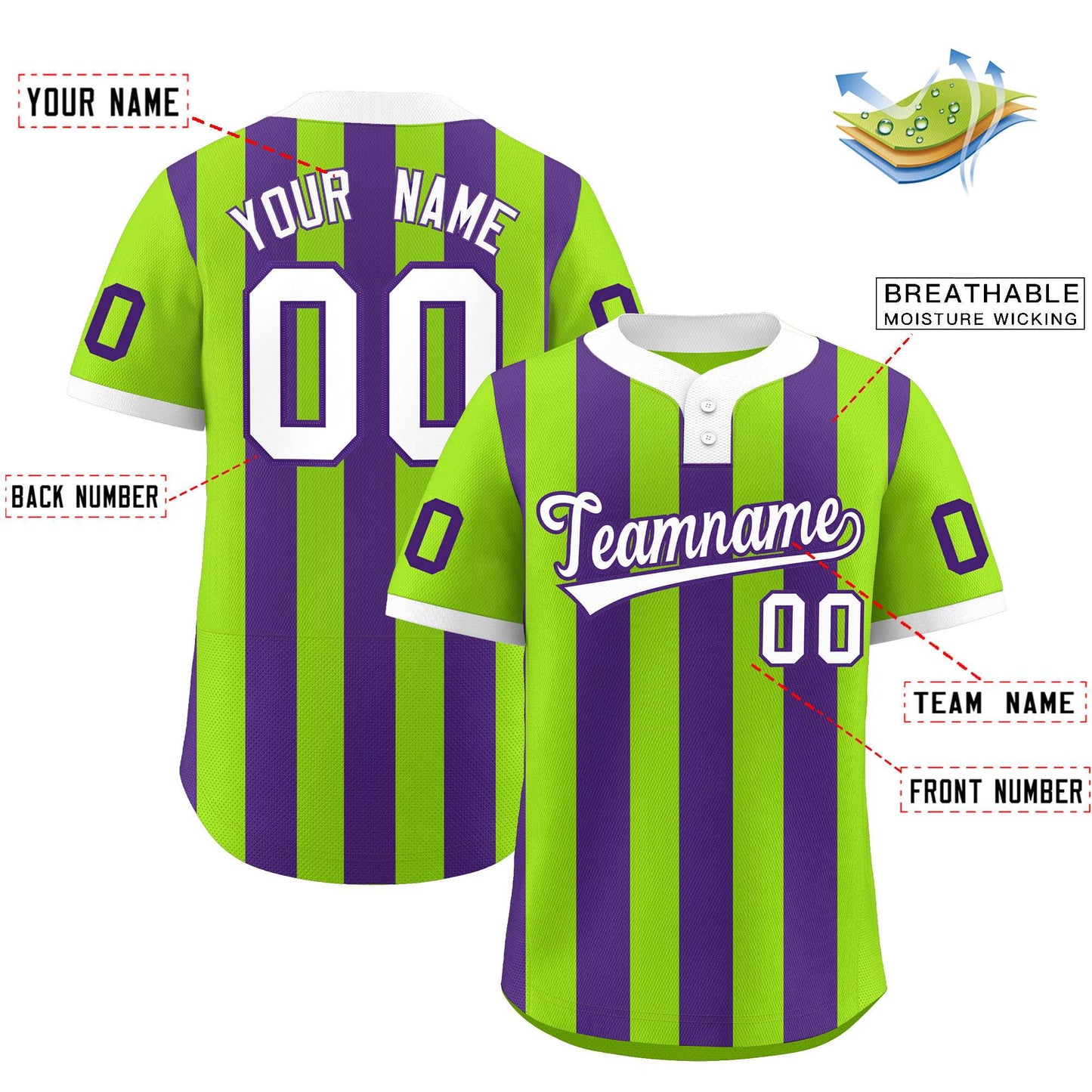 Custom Neon Green Purple Stripe Fashion Authentic Two-Button Softball Jersey Limited