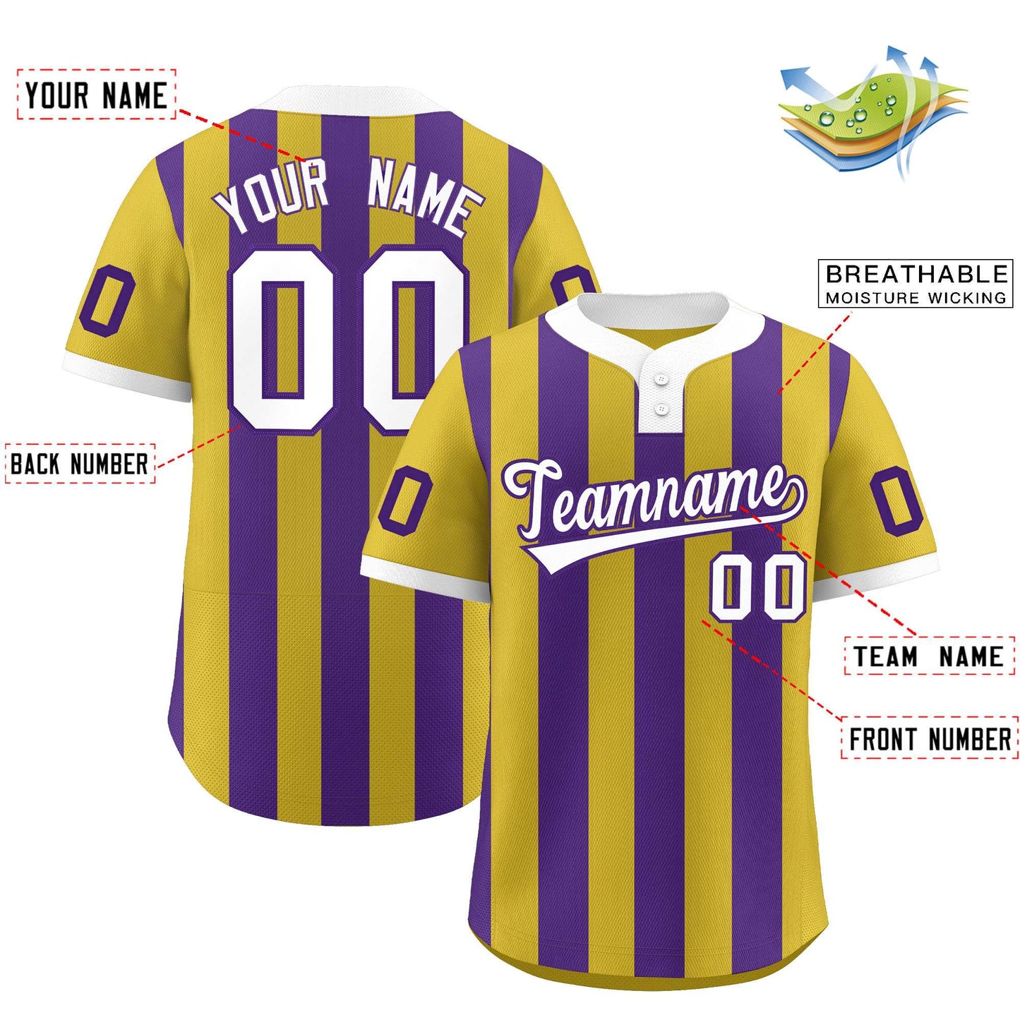 Custom Old Gold Purple Stripe Fashion Authentic Two-Button Softball Jersey Limited