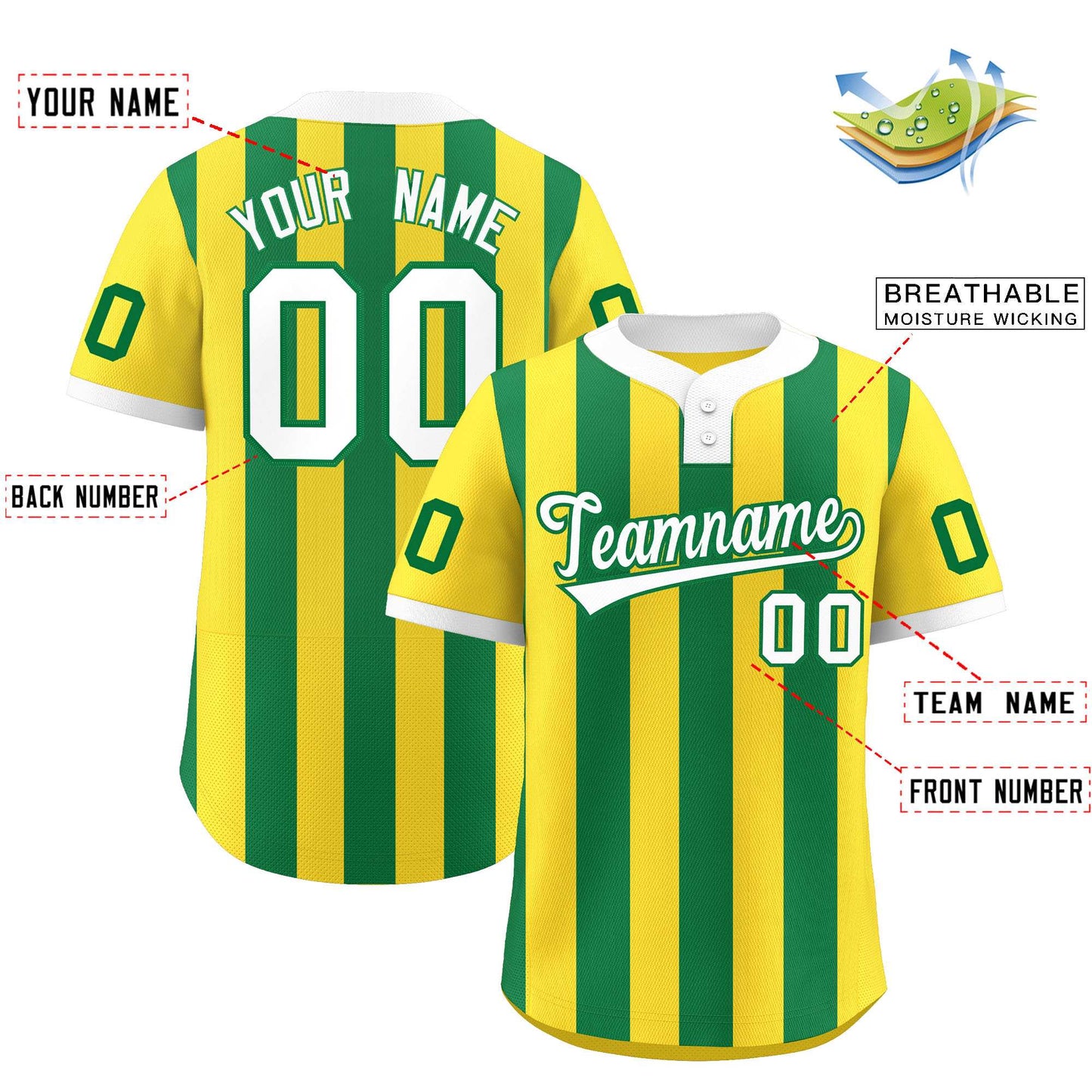 Custom Gold Kelly Green Stripe Fashion Authentic Two-Button Softball Jersey Limited