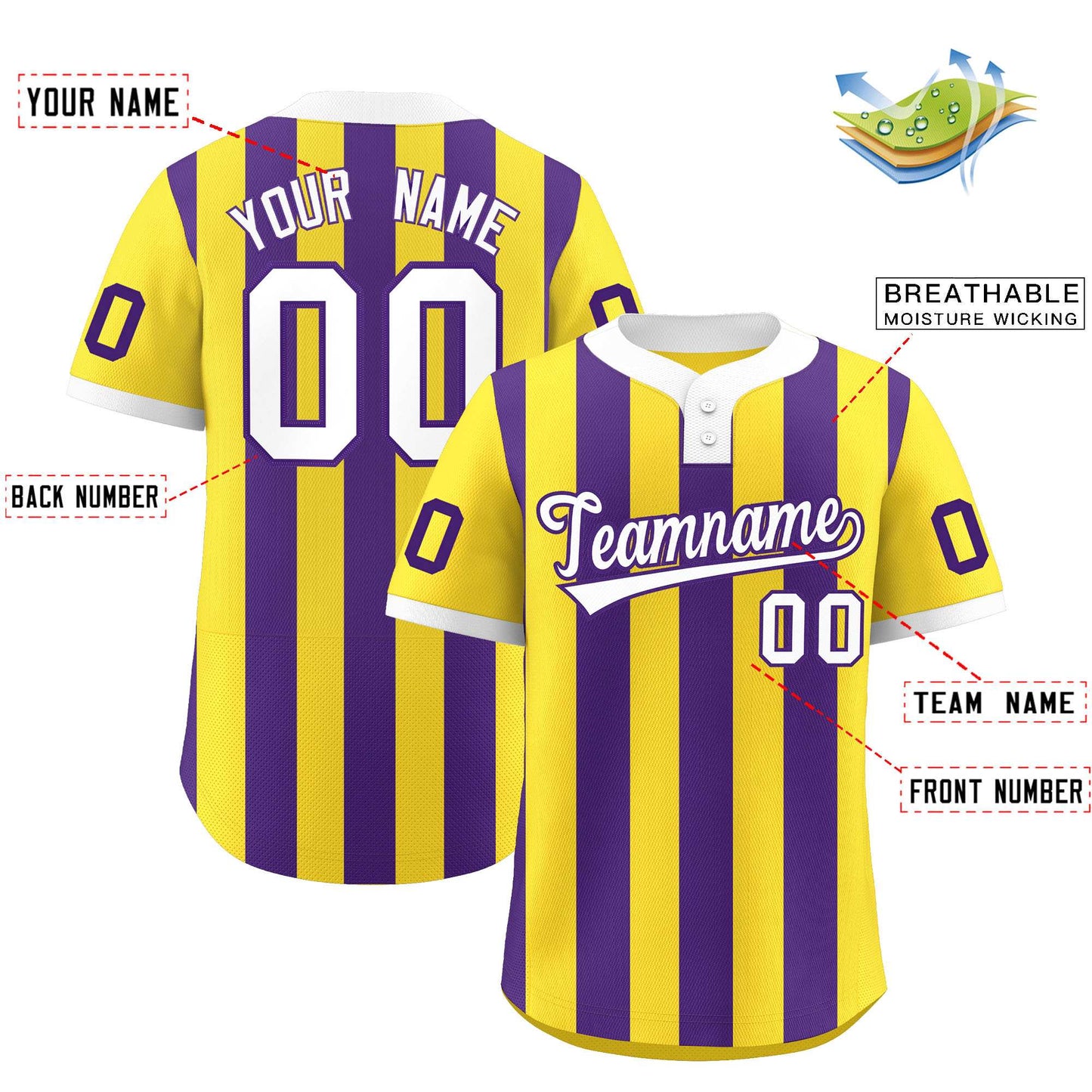 Custom Gold Purple Stripe Fashion Authentic Two-Button Softball Jersey Limited