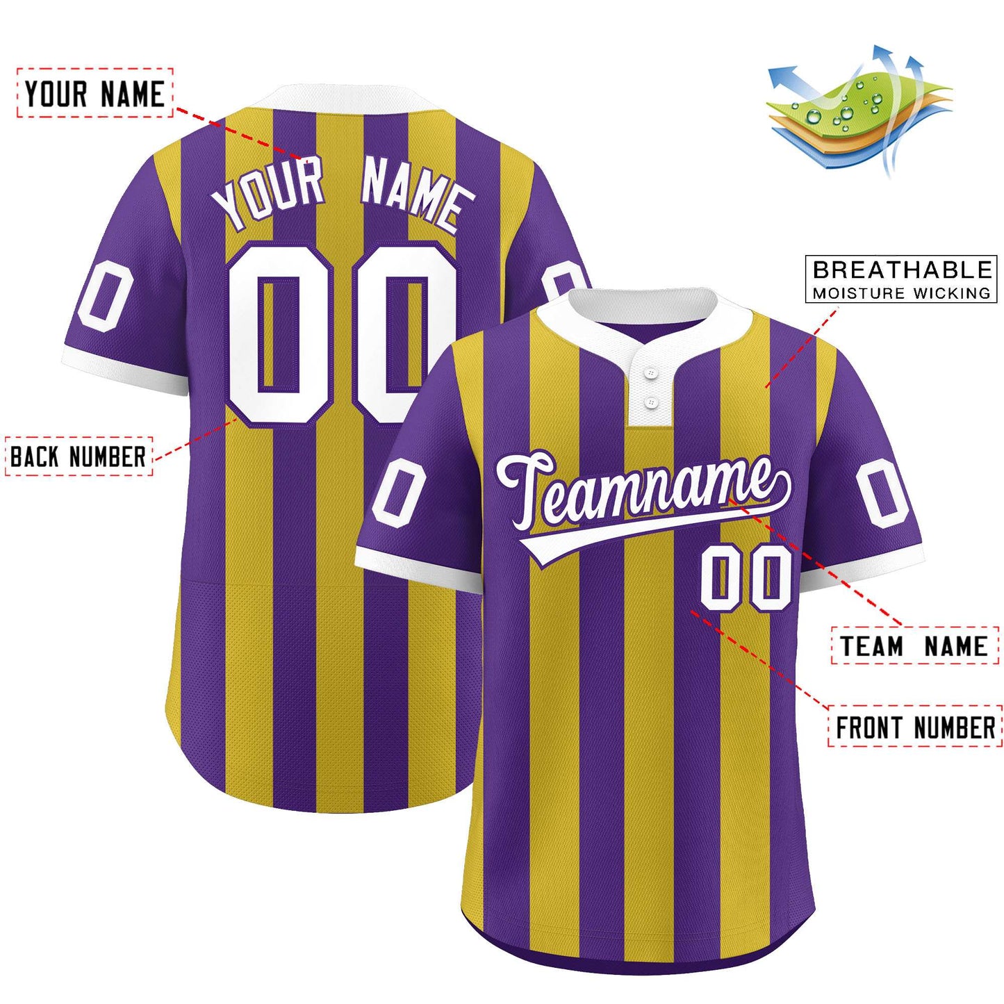 Custom Purple Old Gold Stripe Fashion Authentic Two-Button Softball Jersey Limited