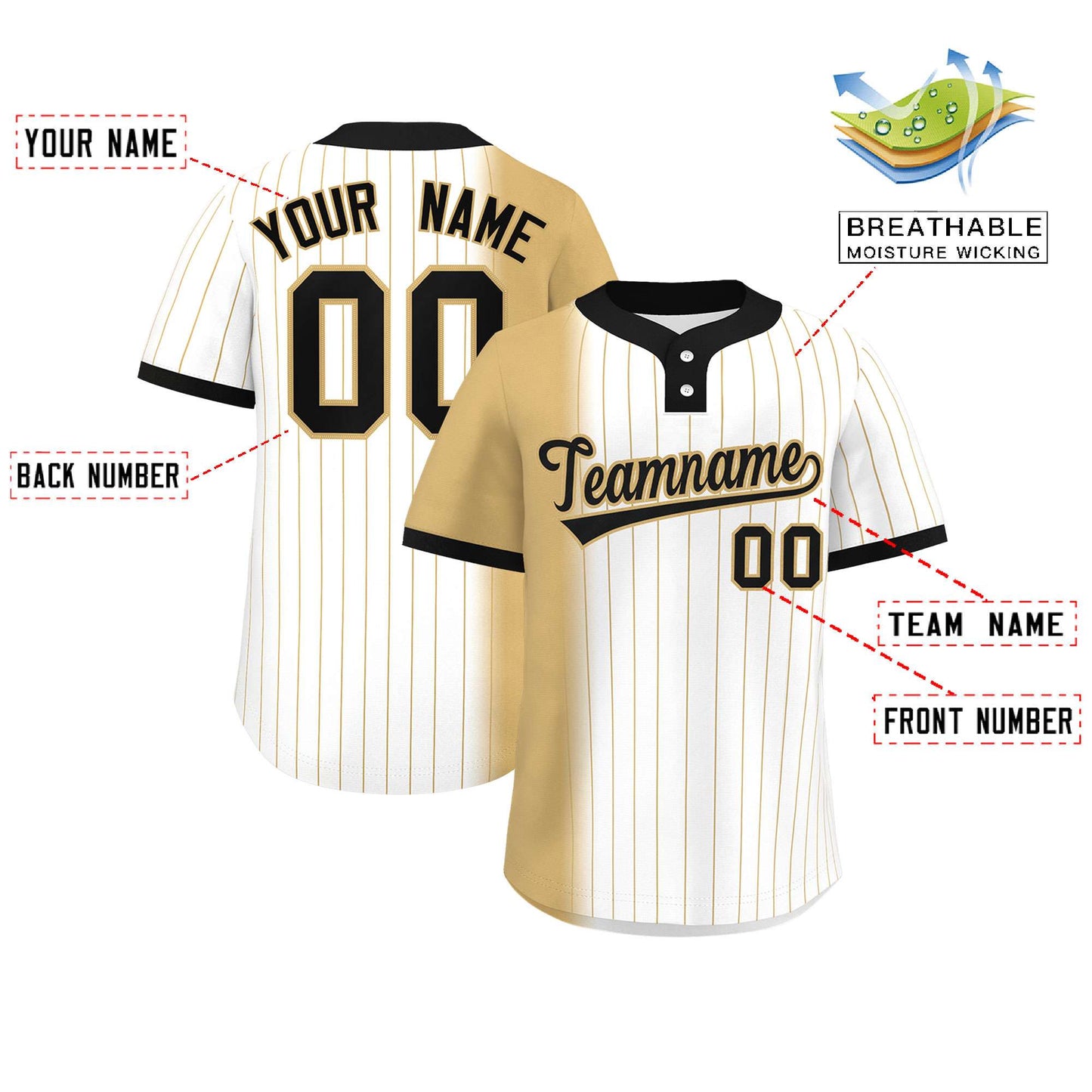 Custom Old Gold White-Black Gradient Stripe Fashion Authentic Two-Button Softball Jersey Limited