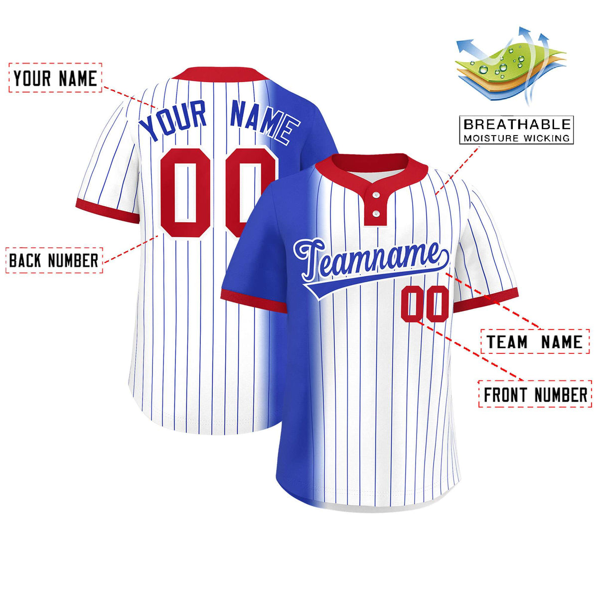Custom Royal White-Red Gradient Stripe Fashion Authentic Two-Button Softball Jersey Limited