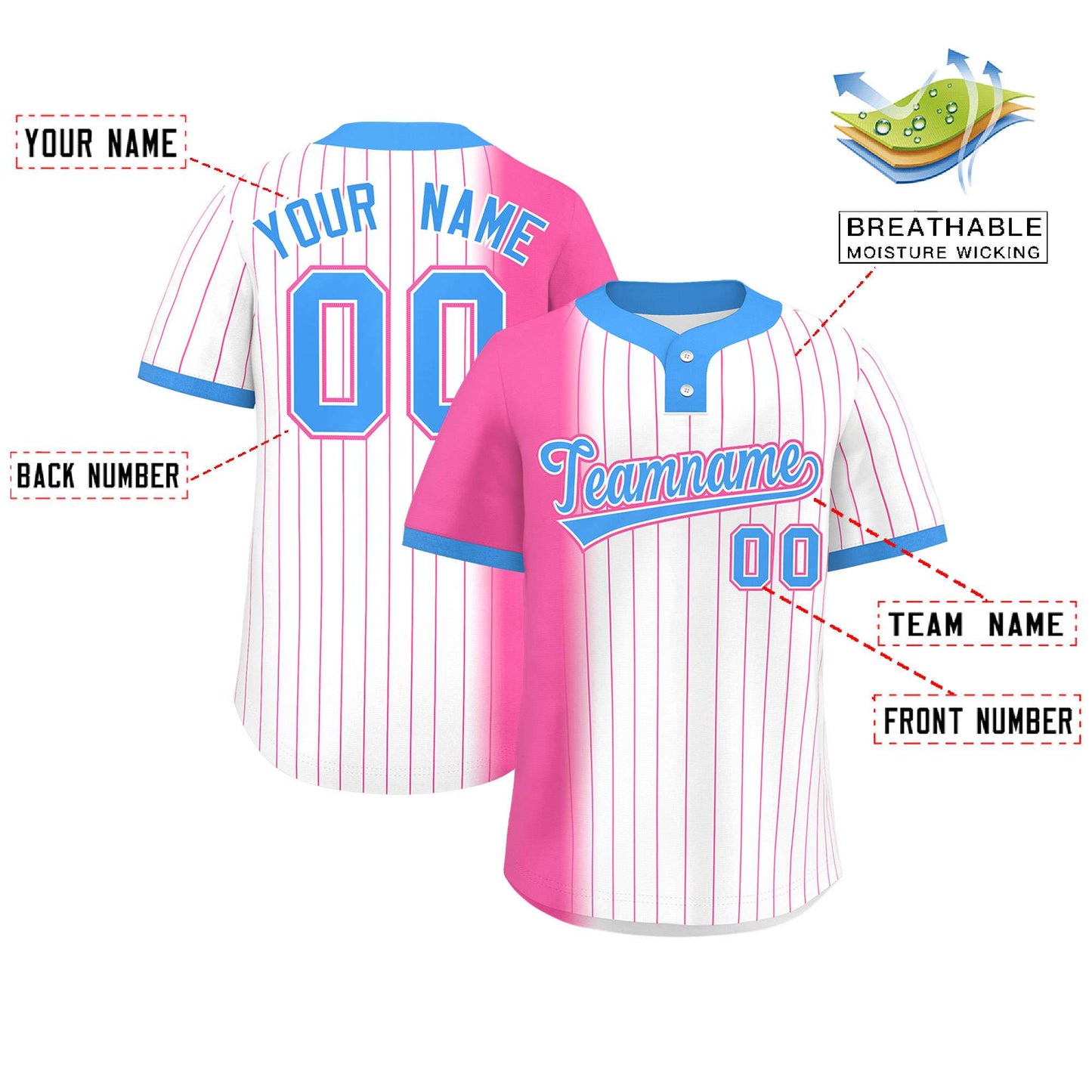 Custom Pink White-Powder Blue Gradient Stripe Fashion Authentic Two-Button Softball Jersey Limited