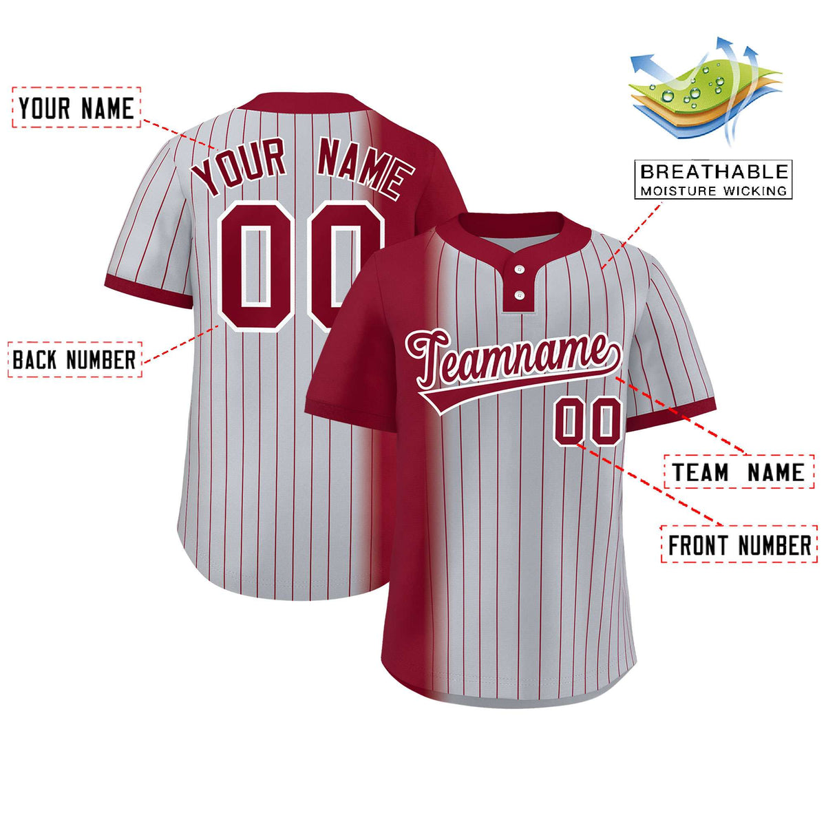 Custom Crimson Gray Gradient Stripe Fashion Authentic Two-Button Softball Jersey Limited