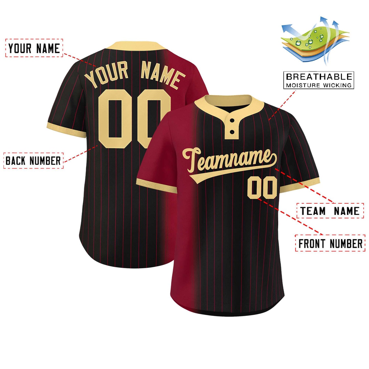 Custom Crimson Black-Khaki Gradient Stripe Fashion Authentic Two-Button Softball Jersey Limited