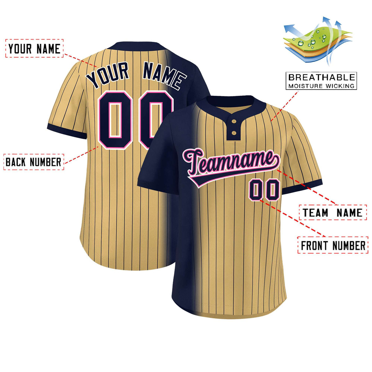 Custom Navy Old Gold Gradient Stripe Fashion Authentic Two-Button Softball Jersey Limited