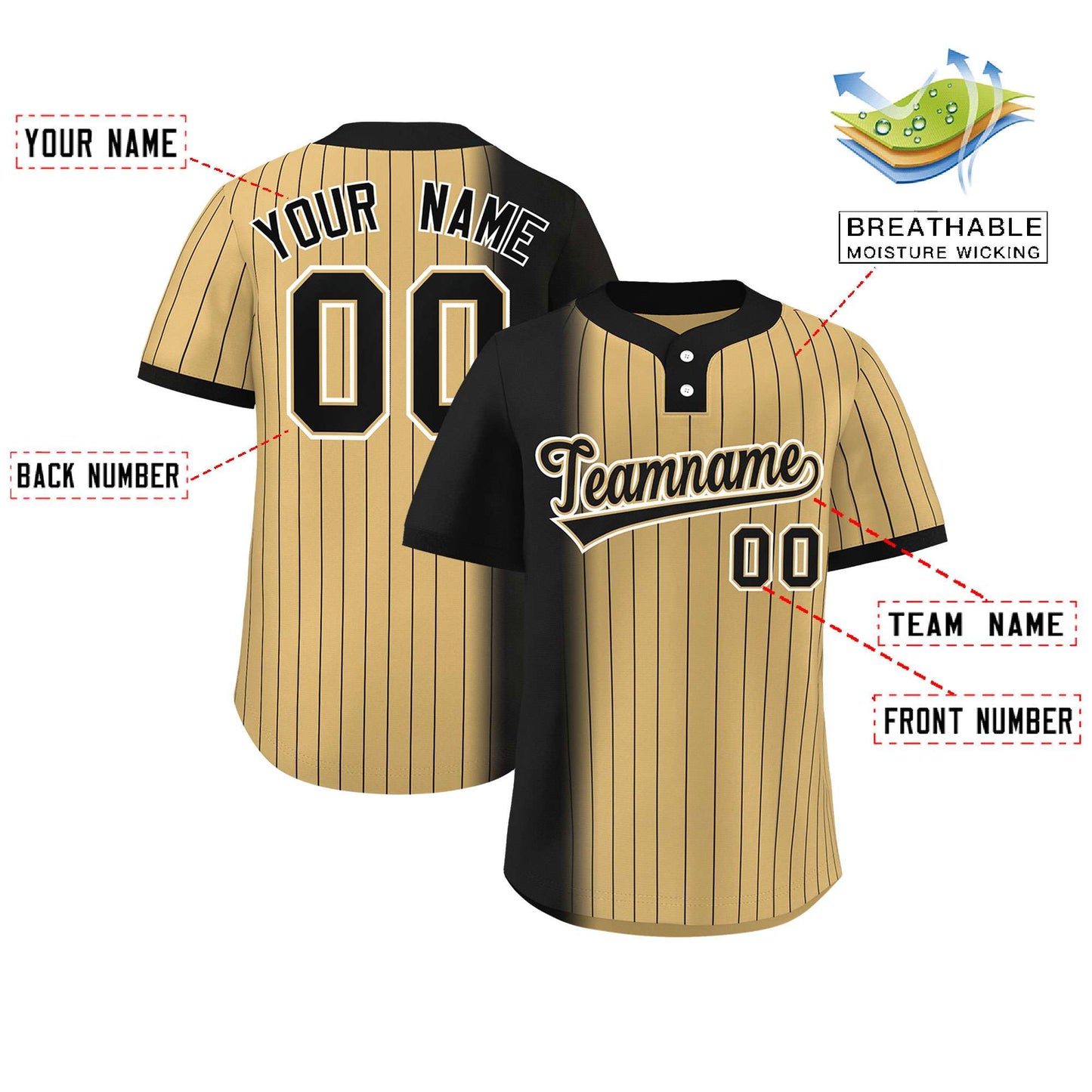 Custom Black Old Gold Gradient Stripe Fashion Authentic Two-Button Softball Jersey Limited