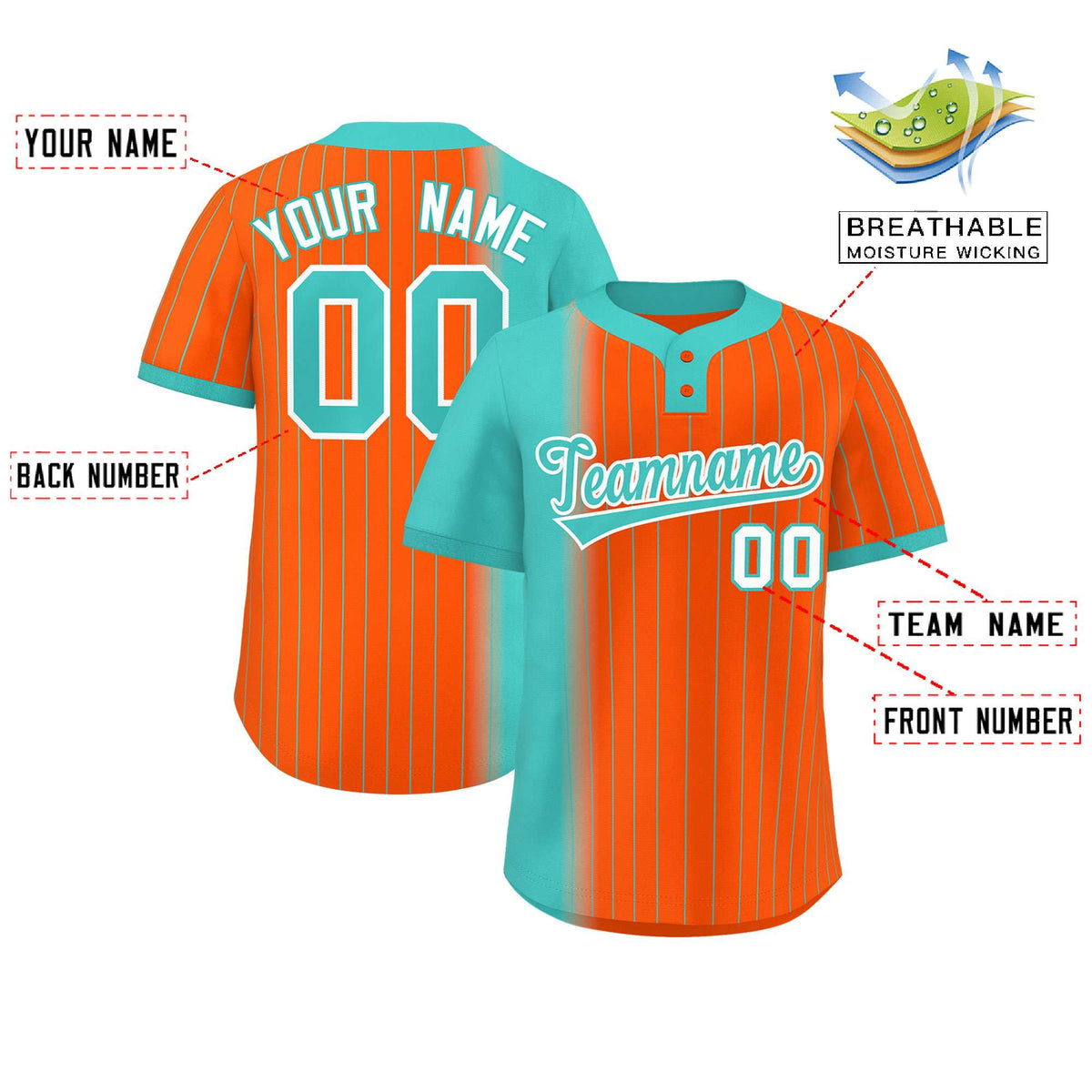 Custom Aqua Orange Gradient Stripe Fashion Authentic Two-Button Softball Jersey Limited